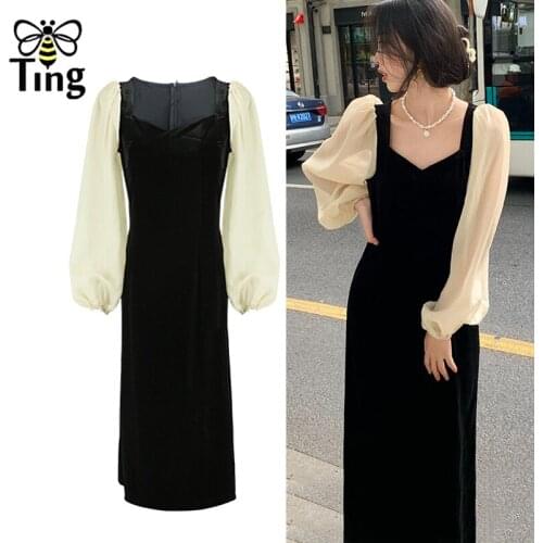 Tingfly Vintage Elegant Sweetheart Neckline Black Velvet Party Night Dresses Fashion Chic Puff Sleeve Lady Retro Velour Dresses