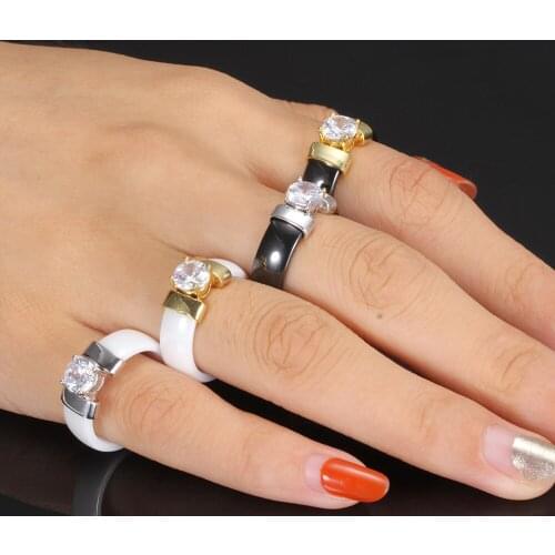6mm White Black Ceramic Rings Plus Cubic Zirconia For Women Gold Color Stainless Steel Women Wedding Ring Engagement Jewelry