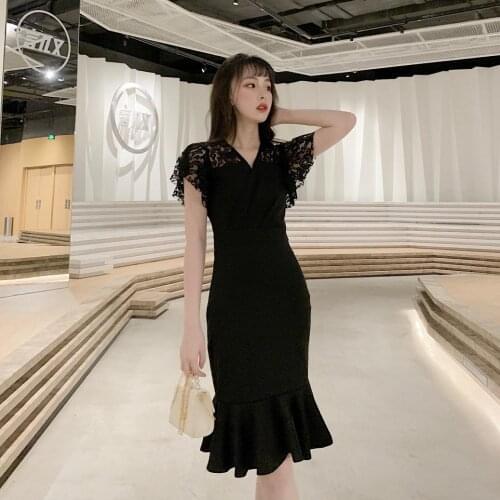 Lace Patchwork Summer Mermaid Dress Women V-Neck Short Sleeve Black Knee-Length Bodycorn Dress Party Elegant High Waist C751