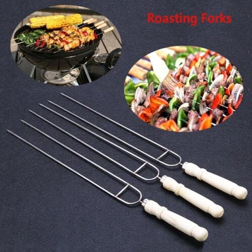 1 Pc U-shaped BBQ Fork Barbecue Bakery Fork Stainless Steel Wood Handle Roast Needle Skewers Grilling Forks Cooking Accessories