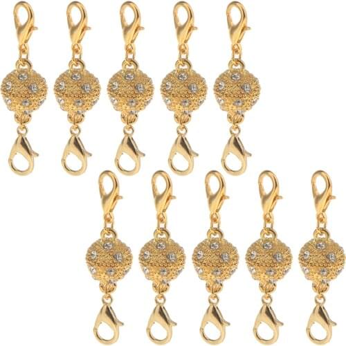 10Pcs Ball Shaped Brass Rhinestone Lobster Magnetic Clasps Hook Jewelry DIY Making Findings, Golden Color