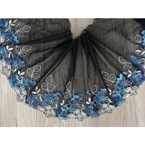 10Yards Black Mesh Tulle Dark Blue Flowers Lace Trims Costume Decorative Laces Applique Trimming Free Shipping