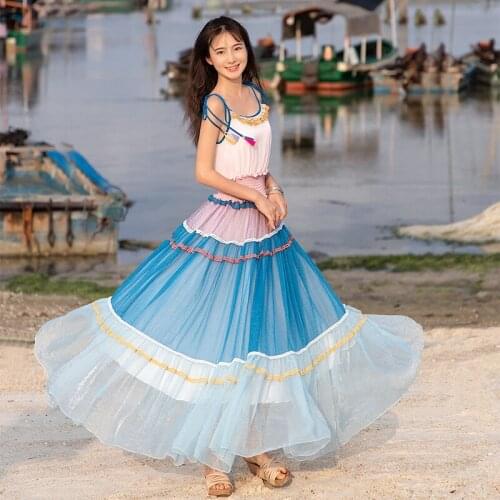 Free Shipping Boshow 2021 Bohemian Women Long Maxi Sleeveless Summer S-L Patchwork Ruffles Chiffon Bandage Spaghetti Strap Dress