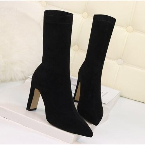 Square Heels mid-calf chelsea botas woman sexy pointed toe solid booties high heels flock 42winter shoes motorcycle knight boots
