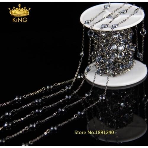 6mm Blue Glass Faceted Round beads Coin Chains,Connectors Beads Link Plated Gun Black Wire Wrapped Rosary Chain Jewelry LS054