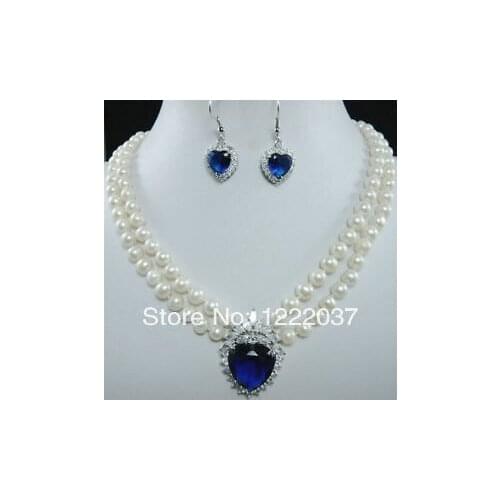 Beauty natural white pearl necklace & blue heart-shaped pendant set
