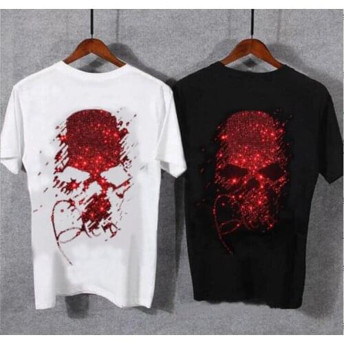 Summer mens T-shirt casual round neck Hot drill short-sleeved T-shirt devil skull fashion brand skull 3D T-shirt male