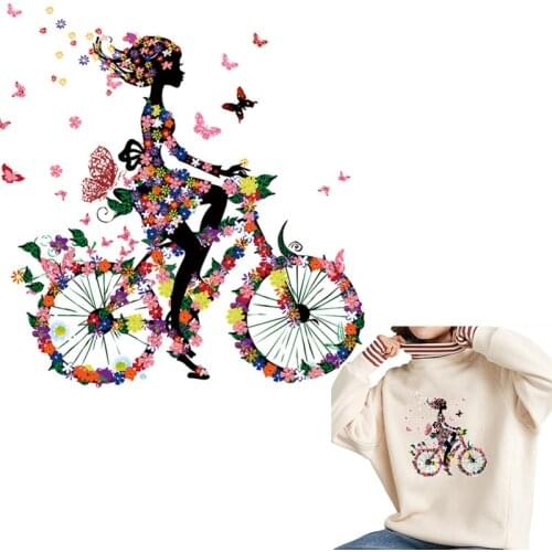 Fashion Girls Flowers Bicycle Patches Iron On Patch Heat Transfer Thermal Stickers For Women Clothes DIY Sticker Applique S4T-11