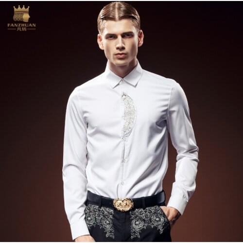 Free shipping New fanzhuan man 2016 male long-sleeve shirt mens fashion personality embroidery flower slim white party 612153