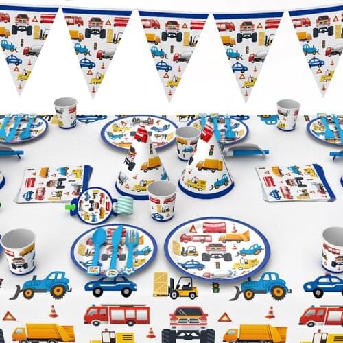 Construction Trucks Engineering Cars Party Disposable Tableware Set Plate Cups Straw Birthday Party Decorations Kids Cake Decor