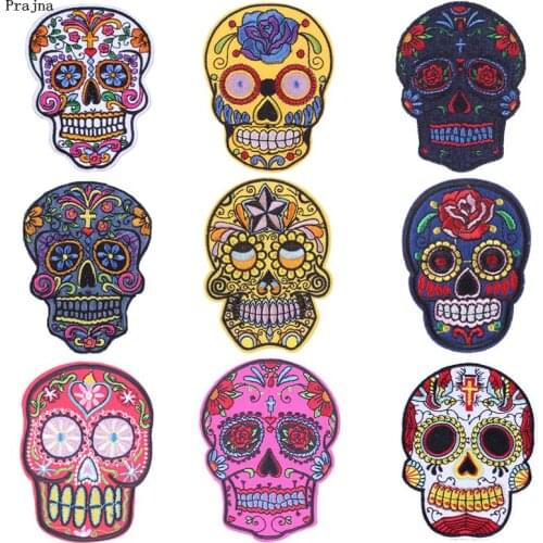 Prajna Punk Biker Patches Embroidered Iron On Patches For Clothing Applique DIY Skull Patch Stripes On Clothes Jacket Decoration