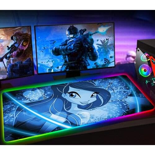 RGB Cartoon Cute Winx Clubs Mouse Pad XXL Mousepad Keyboard Pad LED Mause Pad Rubber No-slip with Backlit Tapis De Souris 35x60