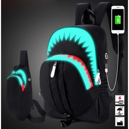 Men Fashion USB Charging Night Luminous Backpack Shark Laptop Backpack Chest Bag Teenagers School Bag Mochila Travel Bag Black