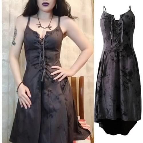 Halloween Medieval Vintage Gothic Punk Elf Dress Adult Women Slim Lace Up Costume Irregular Hem Sexy Backless Sling Short Dress