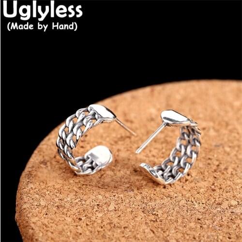 Uglyless Thai Silver Link Chains Studs Earrings for Women Curved 925 Sterling Silver Brincos Simple Vogue Jewelry Glossy Silver