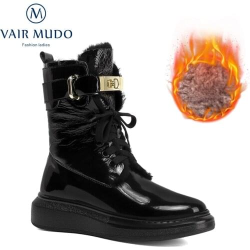 VAIR MUDO Boots Shoes Women Patent Leather Thick Heels Cross-Tied Snow Boot Winter For Women Free Shipping Silver Lady DX129L