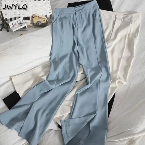 2021 Flare Pants Trouser Suits High Waisted Pants Women Korean Fashion Office Beige Pants Chic Button Elegant Casual Woman Pants