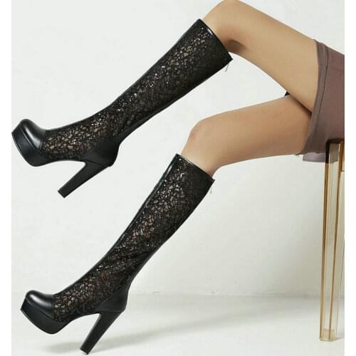 Black White Mesh Boots Women 2021 Fashion Zipper Square High Heel Summer Boots Platform Sexy Hollow Lady Knee High Boots