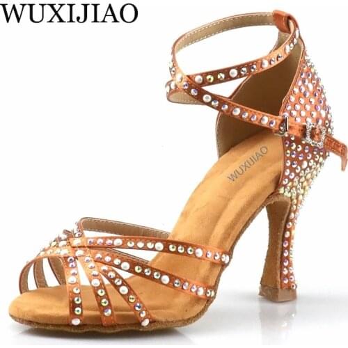 WUXIJIAO Pearl Rhinestone Latin Dance Shoes Women Ballroom Professional Dancing Shoes Soft Soles Party/Weeding Shoes High Heels