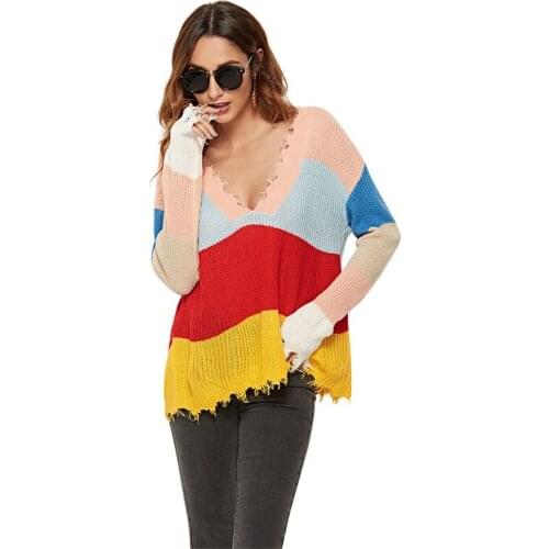 Autumn Fashion Striped Patchwork Color Pullover Women Long Sleeve Deep V-neck Vintage Tops Ladies Casual Pullovers And Sweaters