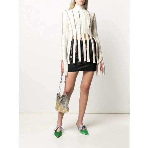 Autumn 10.18 New 2021 Fashion Turtleneck Crystal Diamonds Beading Tassels Design Rib Knit Cotton Blends Pullover Sweater Women