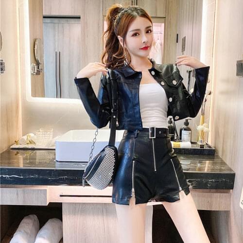 Women 2021 Spring Autumn Casual PU Leather Tracksuit 3 Pieces Set Female Turn Down Collar Jacket Button Pocket Pants Suit B205
