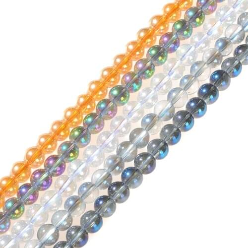 Gold Multicolor Transparent Metallic Titanium Plated Quartz Crystal Glass Smooth Round Strand Beads 6mm 8mm 10mm 12mm Strand 15"