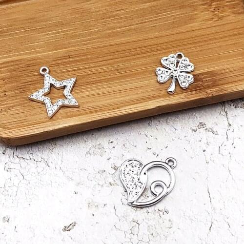 10pcs Star Shining Rhinestone Charms Heart Pentagram Four-leaf Clover Silver Metal Pendants Glitter DIY Jewelry Accessory YZ226