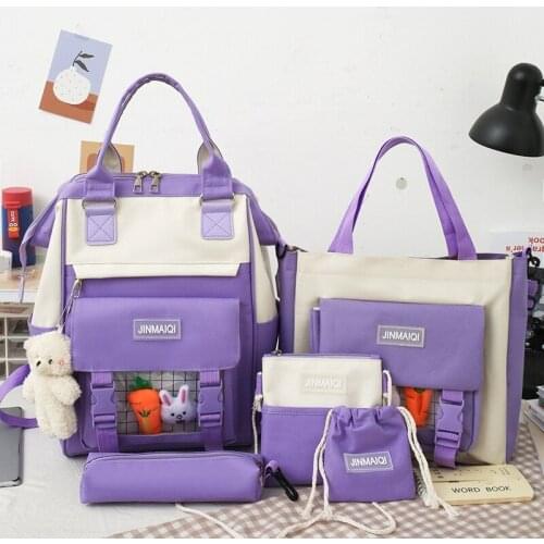 5 Pcs Set Harajuku Women Laptop Backpack Canvas School Bags For Teenage Girls Kawaii College Student Kids Book Bag Rucksack 56