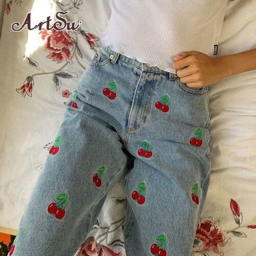 Artsu 2020 Autumn Cherry Pattern Jeans Women England Preppy Style 90s Streetwear Y2K Outfits High Waist Straight Denim Pants