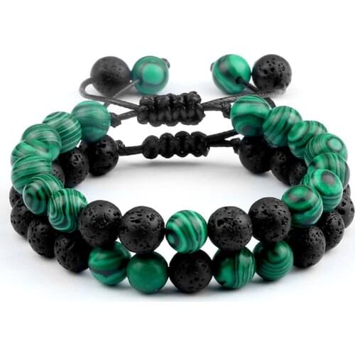 2Pcs/set Natural Green Malachite Stone Lava Beaded Bracelet Women Yoga Prayer Strand Bracelet&Bangles Couple Energy Jewelry Gift