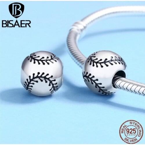 100% 925 Sterling Silver Baseball Passion, Pure Silver Round Ball Beads Fit Charm Silver 925 Bracelet Beads & Jewelry Making