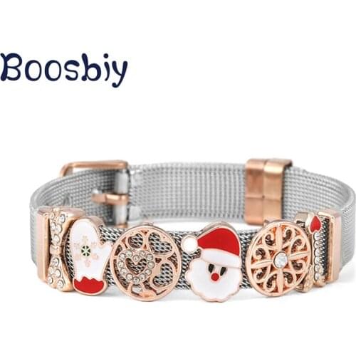 Two-Color Stainless Steel Mesh Bracelet With 10mm Santa Claus & Christmas Gloves Slide Charm Beads For Women Christmas Gift