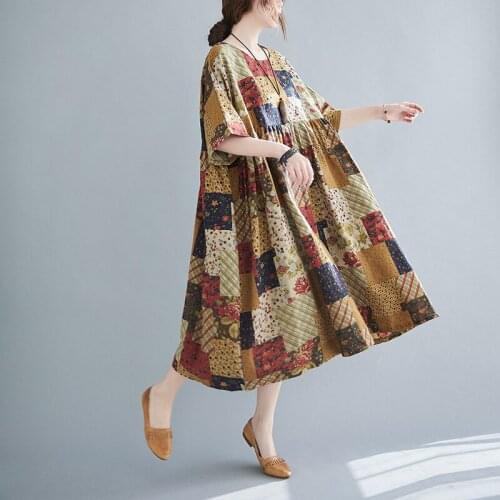 Johnature Vintage Mid-Calf Dresses Casual Plaid 2021 New Summer O-Neck Short Sleeve Loose Women Dresses