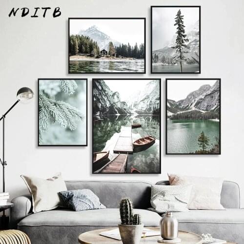 Mountain Lake Boat Canvas Painting Scandinavian Nature Landscape Poster Nordic Style Print Wall Art Picture Home Gallery Decor