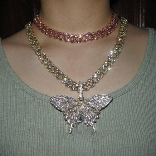 Rose Gold with pink bubble crystal miami cuban necklace hip hop men women 12mm chain rap rock dancer gift jewelry iced out bling