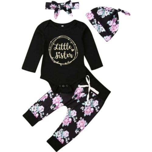 Citgeett Black Newborn Baby Little Sister Girl Clothes Romper+Pants Print Leggings 4Pcs Autumn Fall Clothes