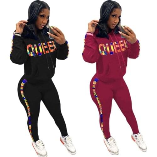 Letter Print Hooded Two Piece Set Women Winter Spring Outerwear Sports Tracksuit Fitness Set Hoodie Sweatsuit Plus Size S-3XL
