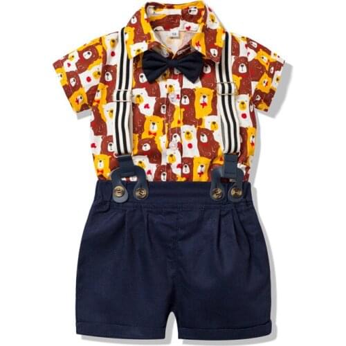 Baby Boys Gentleman Clothes Set Summer Suit For Toddler Bear Shirt with Bow Tie+Suspender Shorts Formal Newborn Boys Clothes