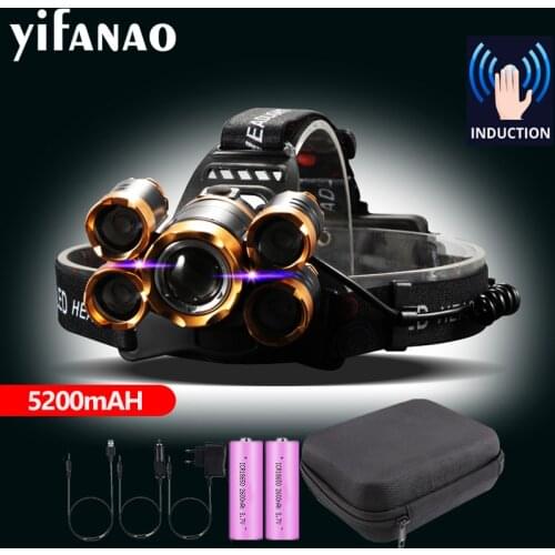 5200MAH Powerful LED Headlight IR Sensor Fishing Headlamp 5LED T6 Head Lamp 8000lumens Flashlight Torch Head Light 18650 Battery