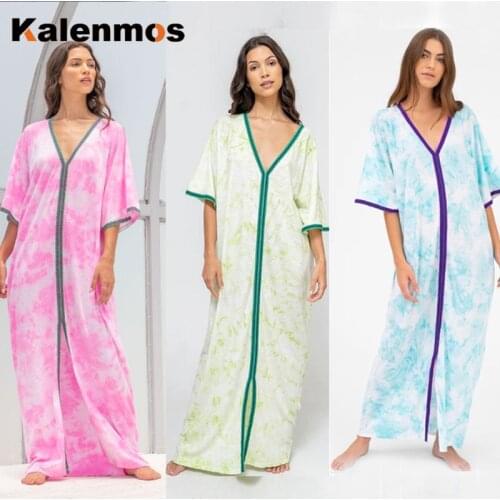 Tie Dye Print Muslim Abaya Hijab Dress Women Moroccan Kaftan Boho Beach Sundress Islamic Turkey Maxi Party Vestidos Dubai 2020
