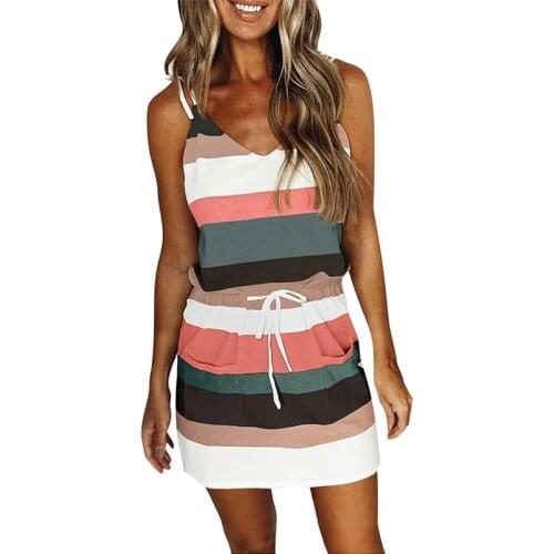Summer Strappy Striped Sleeveless Dress Women Sexy V-Neck Drawstring Pockets Mini Dresses Female Elegant Beach Dress Outfits