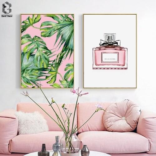 Pink Style Posters and Prints Monstera Canvas Painting Wall Art Decorative Nordic Perfume Picture for Living Room Decoration