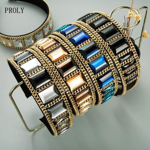 PROLY New Fashion Women Headband Wide Side Chain Inlaid Glass Diamond Hairband Baroque Headwear Hair Accessories