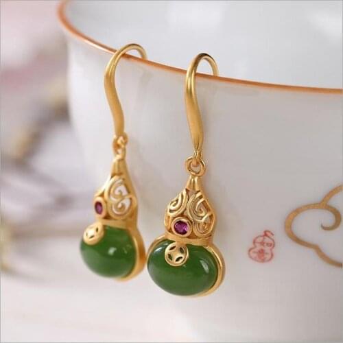 Silver inlaid natural Hetian Jasper Froude gourd Earrings Chinese retro palace style womens Christmas Halloween Gift