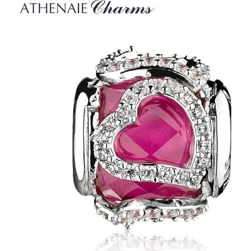 ATHENAIE 925 Sterling Silver Clear Cerise CZ Encased in Love Charm For Original Bracelets Valentines DIY Beads Women Jewerly