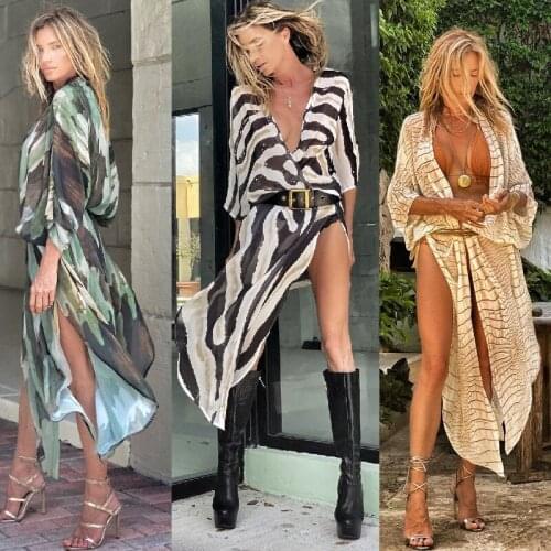 Boho Print Chiffon Tunic Cover-Ups Sexy Bathing Suit Long Kimono Dress Women Summer Swimsuit Bikini Cover Up Loose Beach Wear