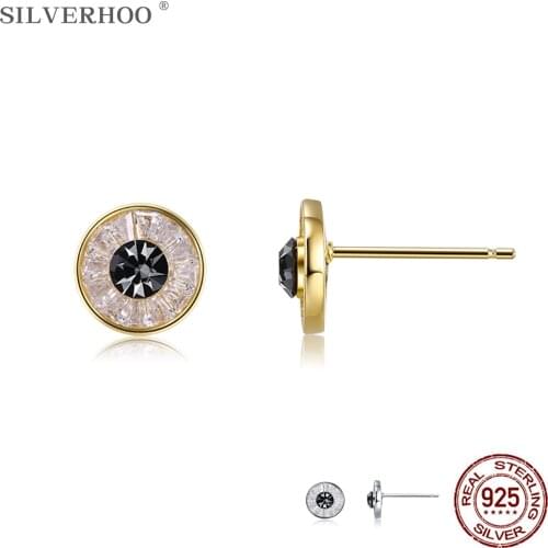 SILVERHOO Genuine 925 Sterling Silver Round Circle Small Earrings For Women Black Cubic Zirconia Gold Color Stud Earring Jewelry