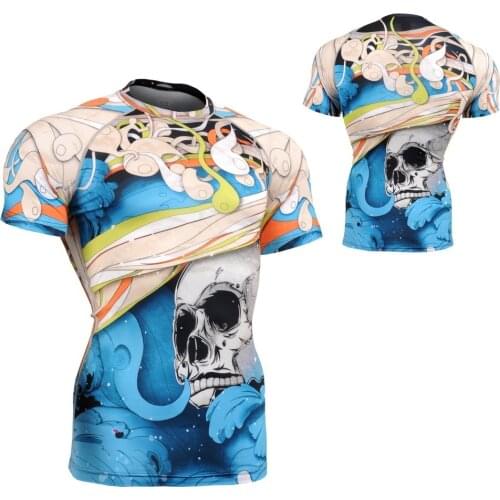 "THE SKELETON" Blue Short Sleeve SECOND SKIN Technical Compression Shirt W/ Full Graphic Fitness & Exercise Base Layer Tights