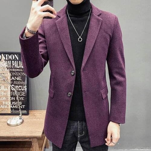 Purple Trench Coat Slim Fit Mens Long Coats Black Woolen Autumn Mens Long Jacket Stylish Vogue Man 2020 Winter Elegant Gentleman